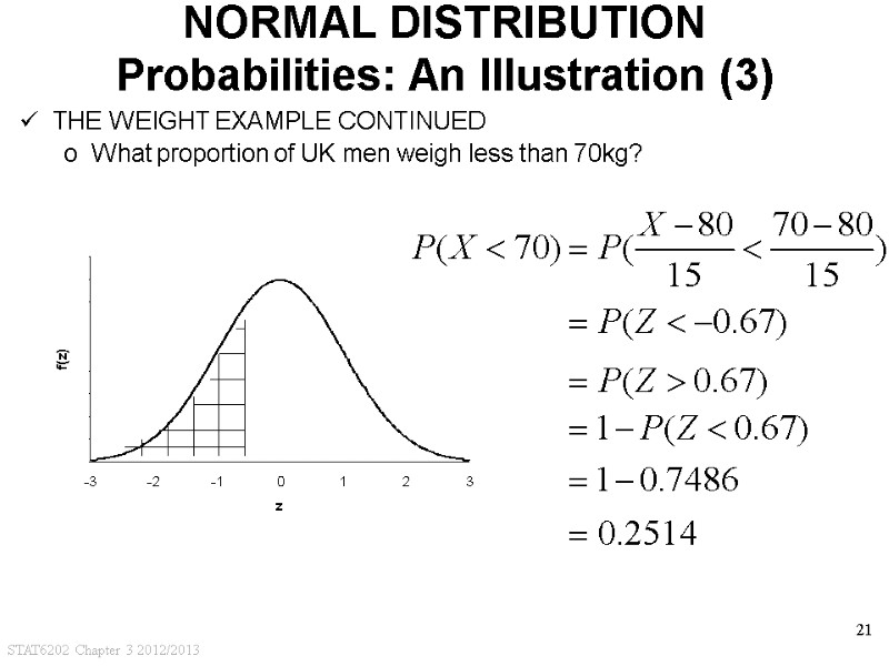 STAT6202 Chapter 3 2012/2013 21 NORMAL DISTRIBUTION Probabilities: An Illustration (3) THE WEIGHT EXAMPLE